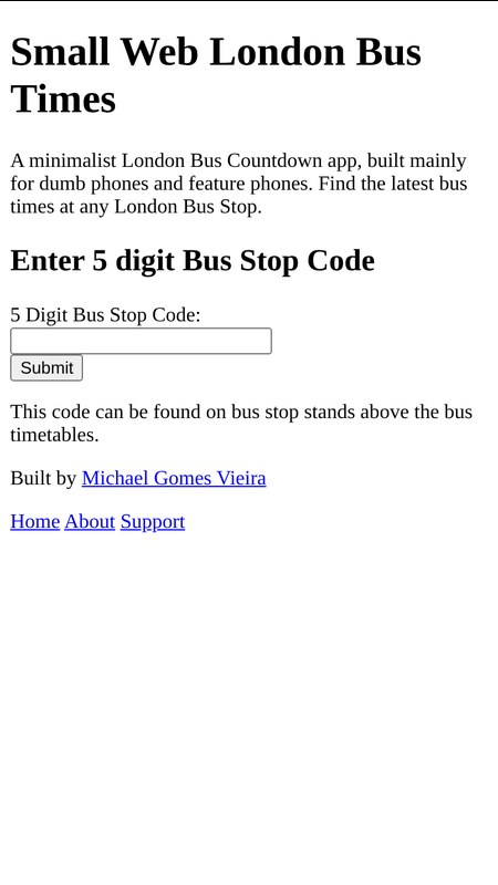 The London bus times page on a small phone screen