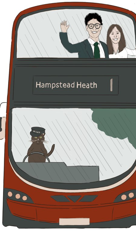 Illustration of us waving from a red bus at our wedding